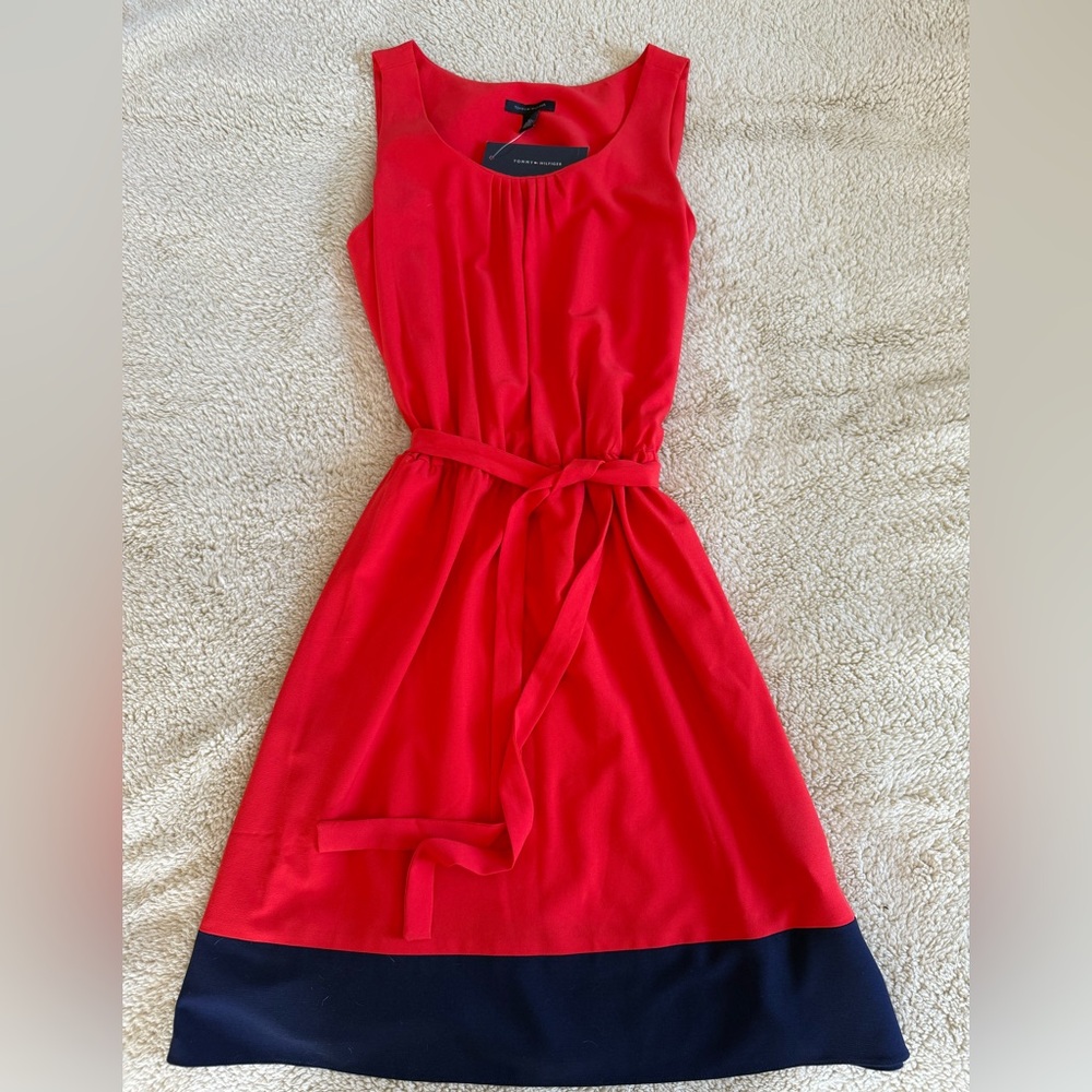 Red Sleeveless Dress with Black Hem